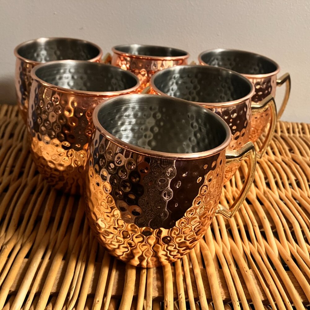 Set of 6 Hammered Copper Tone Mugs Moscow Mule Cups Hot Choc
